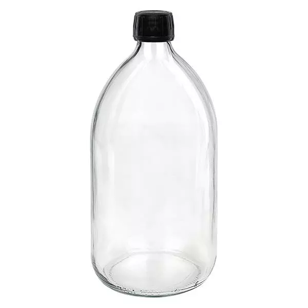 1000 ml medicinflaska med klart, svart lock och säkerhetsring ApoGlas