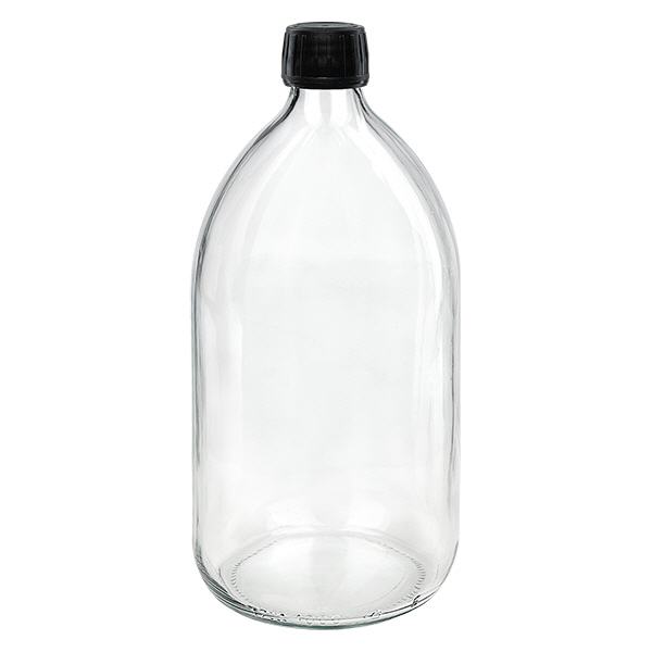 1000 ml medicinflaska med klart, svart lock och säkerhetsring ApoGlas 1000 ml medicinflaska med klart, svart lock och säkerhetsring ApoGlas