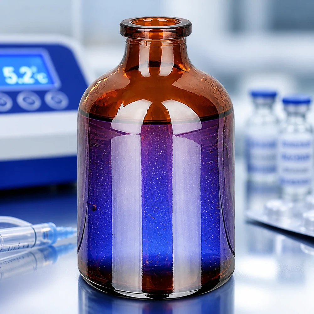 Injektionsflaska av bärnstensfärgat glas 50ml Injektionsflasche Braunglas 50ml mit violett schimmerndem Inhalt und Temperaturgerät im Hintergrund