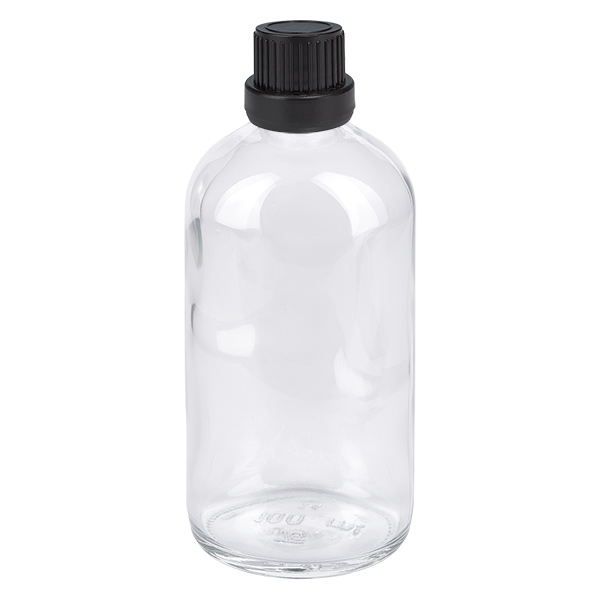 100ml Droppflaska 2mm svart säkerhetslock ClearLine UT18/100 100 ml droppflaska i klart glas med svart originalförslutning, ClearLine-serien UT18