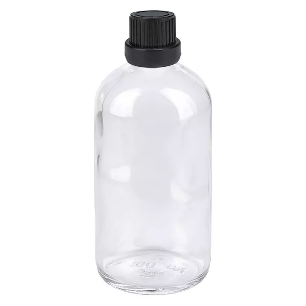 100ml Droppflaska 2mm svart säkerhetslock ClearLine UT18/100 100 ml droppflaska i klart glas med svart originalförslutning, ClearLine-serien UT18