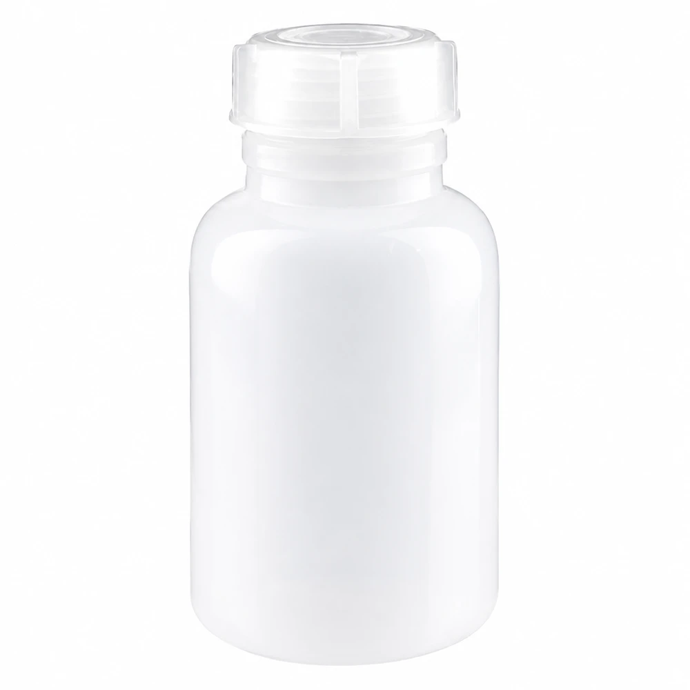 250 ml laboratorieflaska med bred hals och skruvkork Transparente 250ml Weithalsflasche aus Laborbedarf mit weißem Schraubverschluss