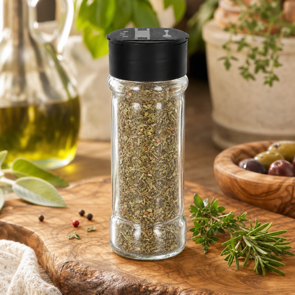 Salt- och kryddburk 100 ml med dubbel ströare, svart Örtburk på 100 ml fylld med italienska örter och svart dubbelströare på träbricka