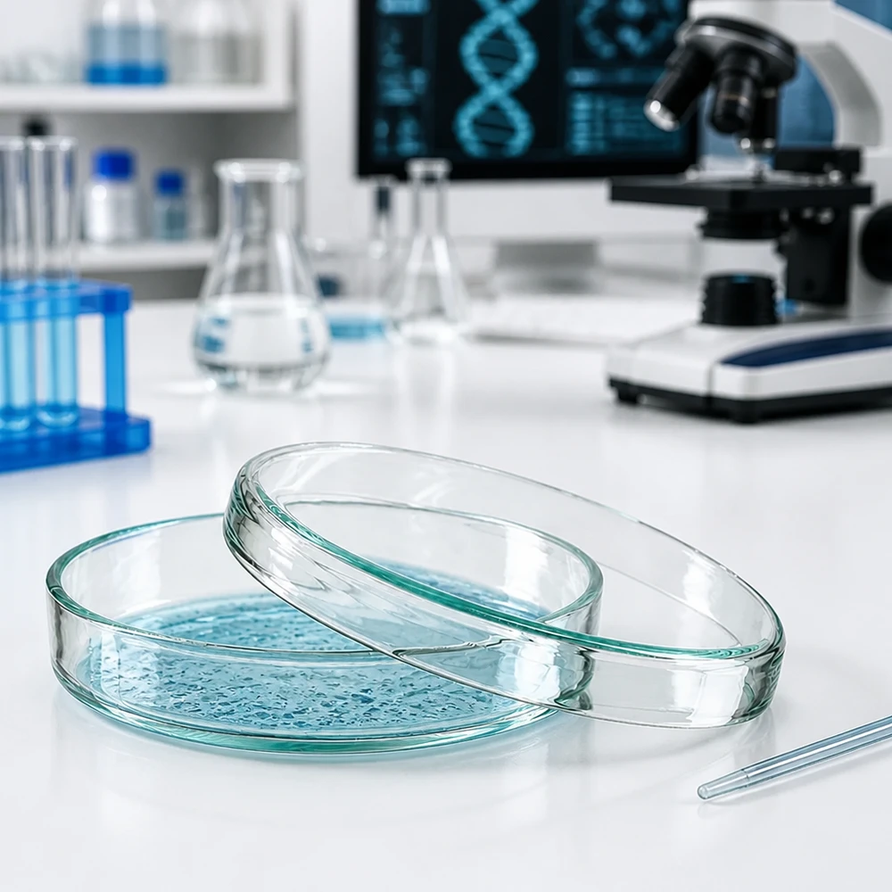 Petriskål av borosilikatglas, 80 x 15 mm, med blå näringslösning i det mikrobiologiska laboratoriet