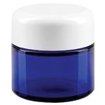 Blå glasburkar med vitt lock