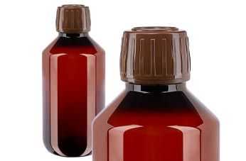 Medicinska flaskor i brun PET med brun kork
