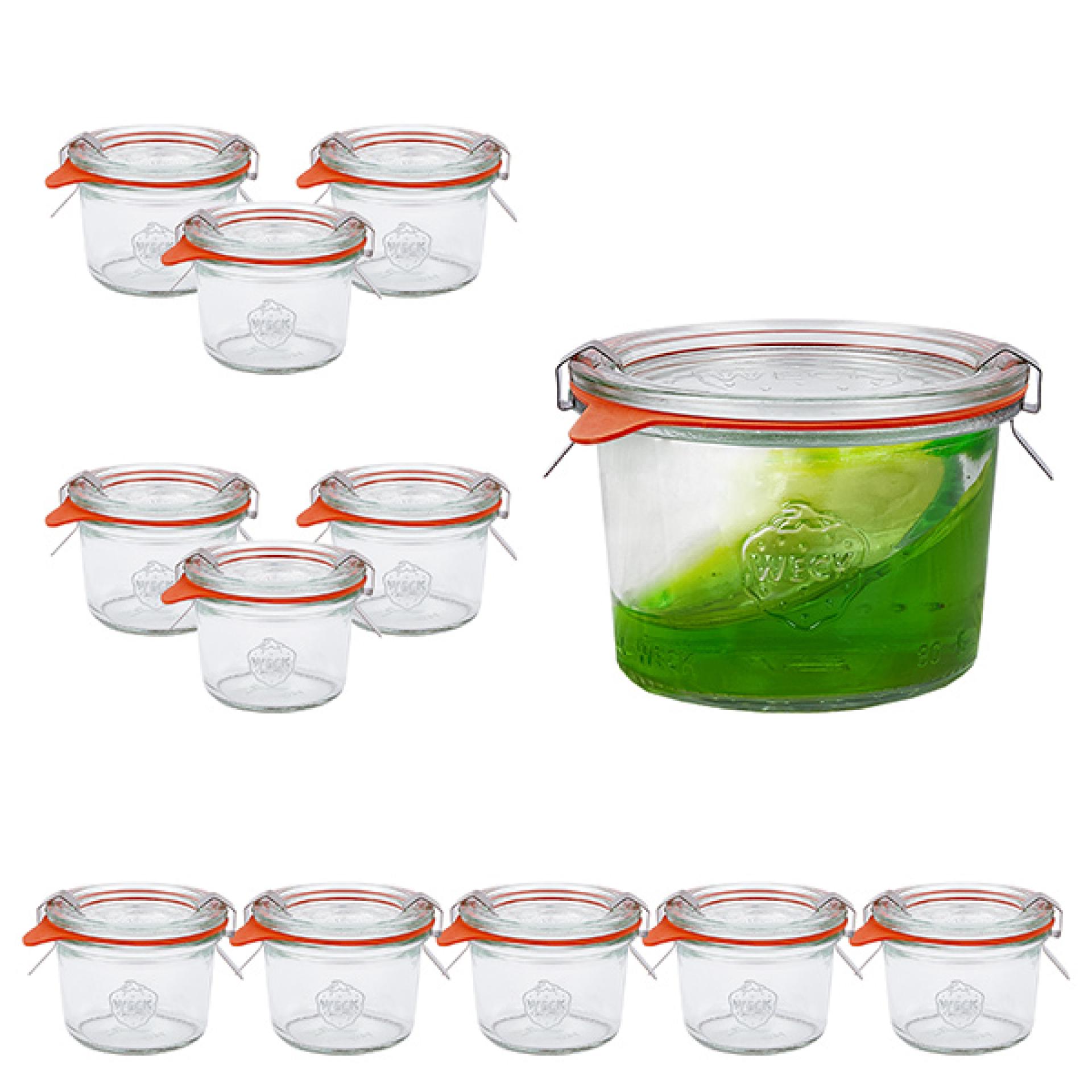 Set med 12 Weck-burkar 80 ml Krossade glasögon med 12 glaslock, 12