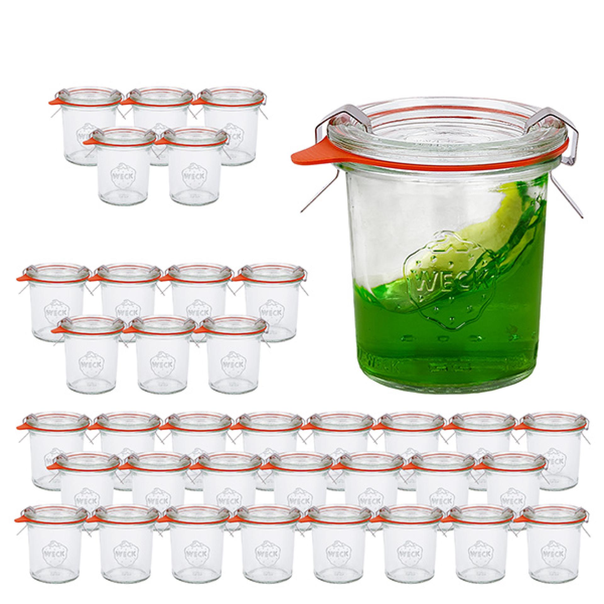 Set med 36 Weck-burkar 140 ml Krossade glasögon med 36 glaslock