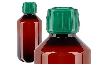 Bruna medicinska PET-flaskor med gröna lock