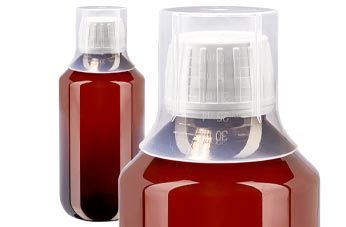 Medicinska flaskor i brun PET med vit kork + måttbägare