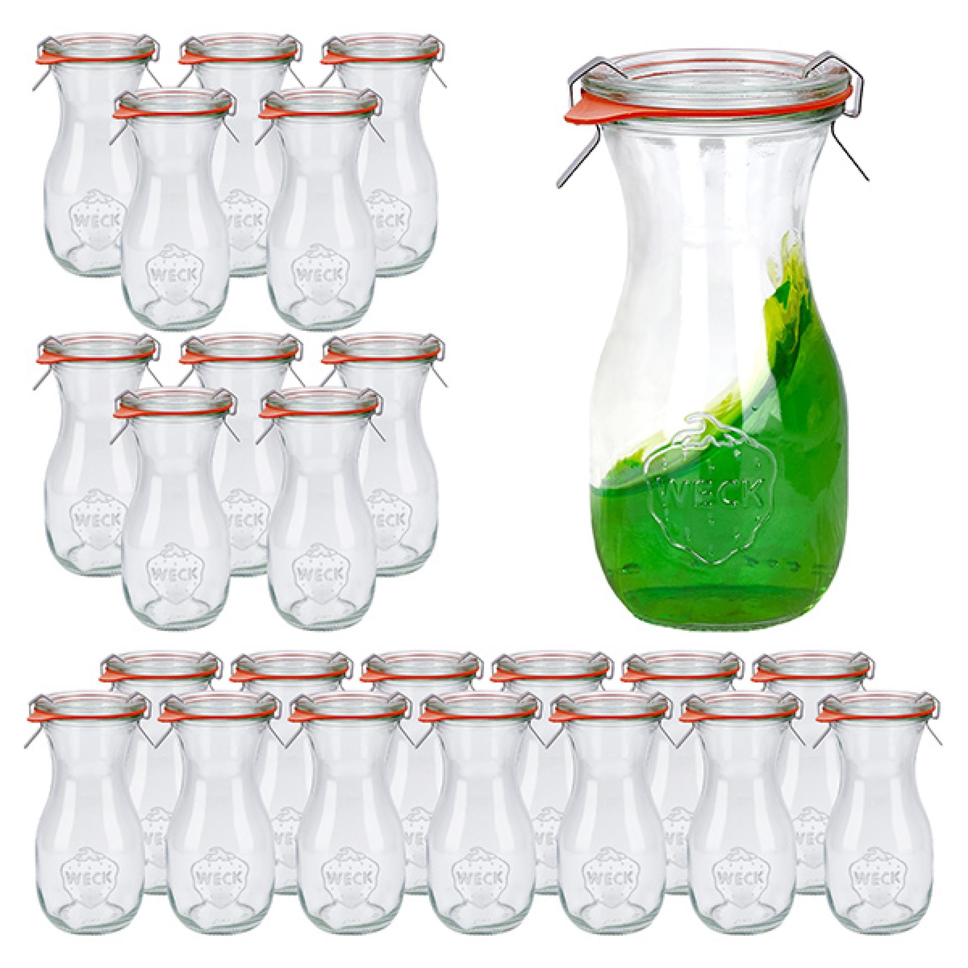 Set med 24 Weck-burkar 290 ml juiceflaska med 24 glaslock
