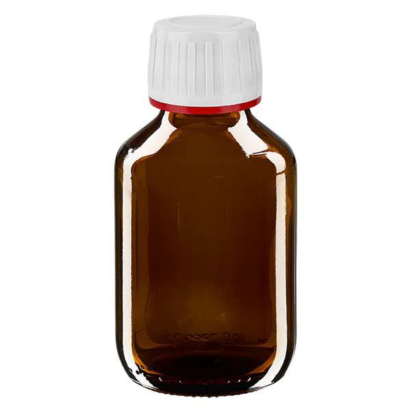 100 ml medicinflaska brun, lock vitt med manipuleringssäker ring röd ApoGlas